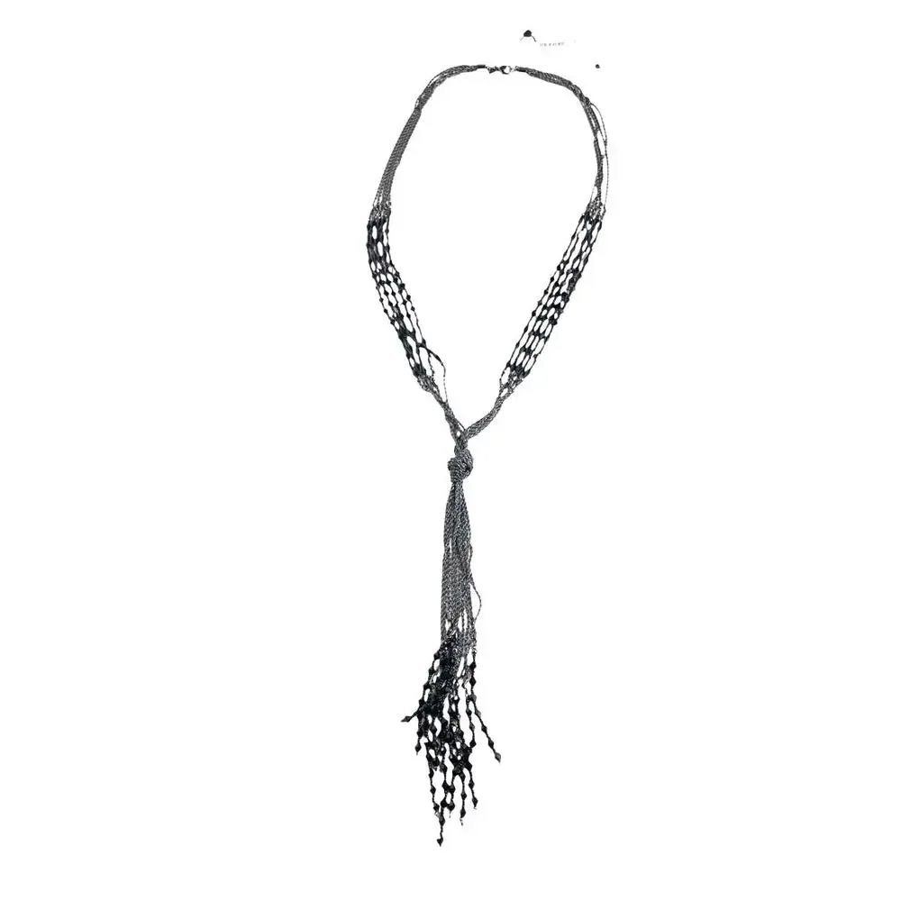 NWT WHBM Black Beaded Knotted Tassel Necklace with Adjustable Chain‎ 17-20